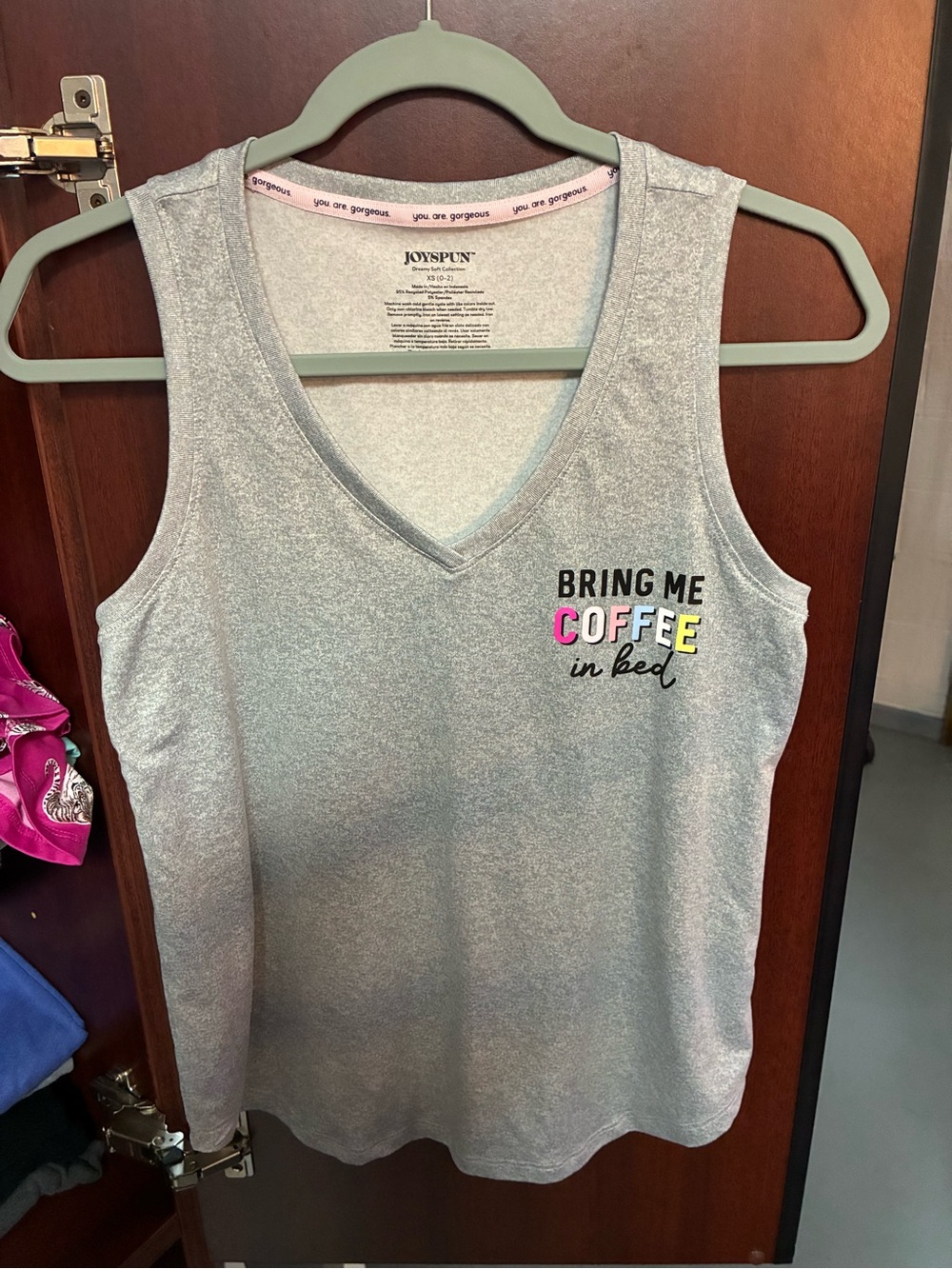 Women’s JOYSPUN Brand Gray Tank Top "Bring Me Coffee in Bed" Size XS